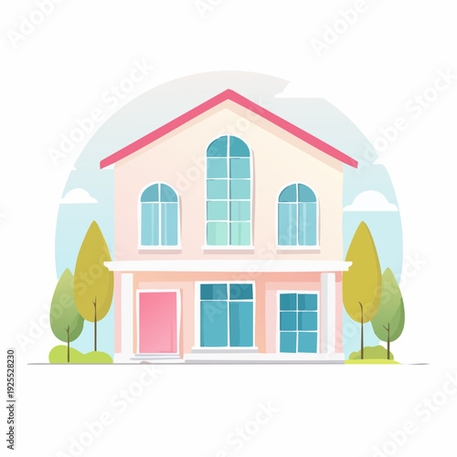 Charming two-story suburban house with elegant architectural details and lush greenery