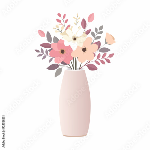 Elegant Pastel Floral Bouquet in a Sleek Vase Illustration A Charming and Delicate Botanical Graphic for Spring Decoration