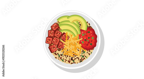 A top-down view of a poke bowl containing tuna cubes, avocado slices, shredded cheese, and salsa over brown rice in a white bowl.