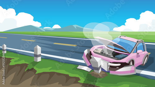 Horizontal or Landscape of pink car crashed into a roadside pillar. Smoke rises from the open hood set against a scenic landscape with a asphalt road green fields and mountains under a blue sky.