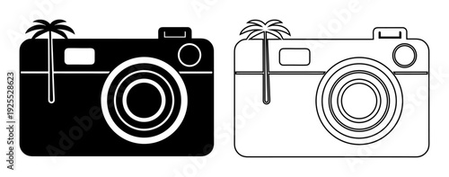 Classic camera with a tropical palm tree accent, perfect for travel photography themes.