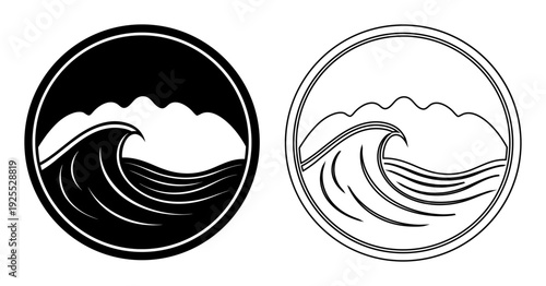 Stylized ocean wave within a circular frame, presented in both solid black and outline versions.