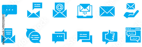 Set of clean line art chat message icons and speech bubbles with text messages symbols, representing communication and conversation, isolated on a white background, perfect for digital interfaces and
