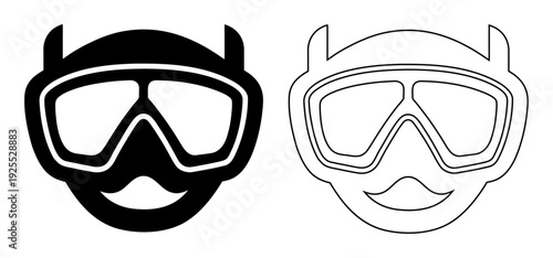 Iconic scuba diving mask and snorkel set, presented in solid black and outline styles