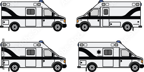 Ambulance Vehicle Side View Set Featuring Emergency Medical Transport Van Vector Illustration Collection