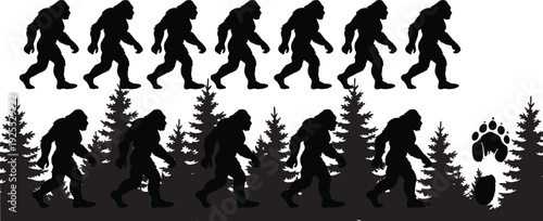 Bigfoot Silhouette Evolution Sequence in Forest Landscape with Sasquatch Walking Cycle and Footprint Vector Illustration Set