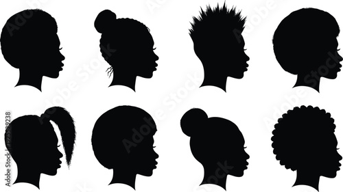 Black diverse women profile silhouette set featuring multiple hairstyles and side view portraits isolated on white background vector illustration