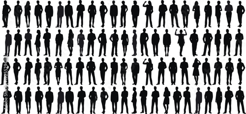 Large crowd of men silhouette collection featuring standing male figures in various poses isolated on white background vector set