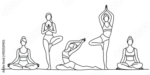 A collection of line art illustrations showing different yoga poses and meditation practices
