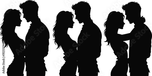 Romantic Couple Silhouette Set Featuring Loving Embrace, Intimate Poses and Relationship Moments Vector Illustration Collection