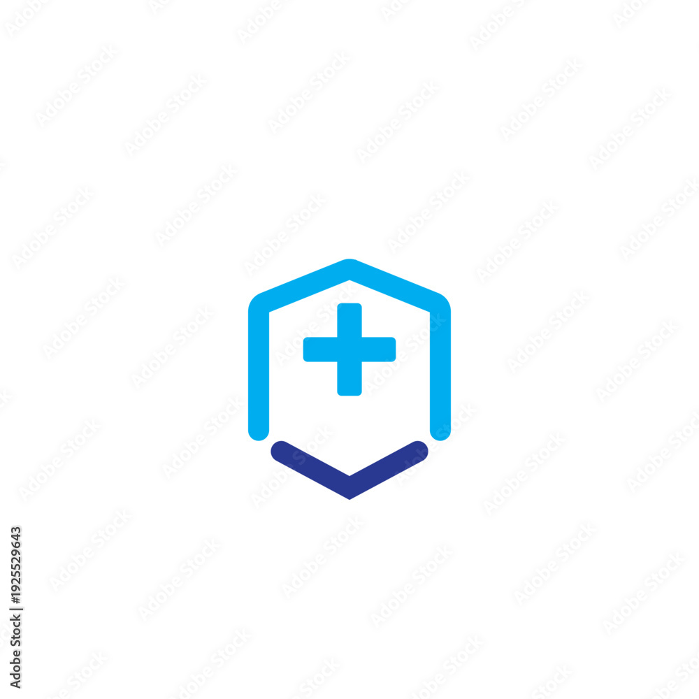 Fototapeta premium Medical shield logo with cross icon in blue. Healthcare protection symbol for hospital, clinic, insurance and health security design.