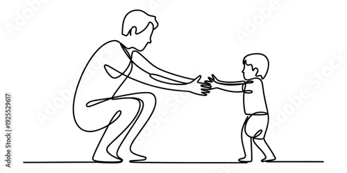 Continuous line drawing of a father crouching to help his child take their first steps