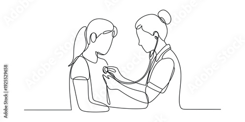 A continuous line drawing illustration of a doctor performing a medical examination on a patient using a stethoscope