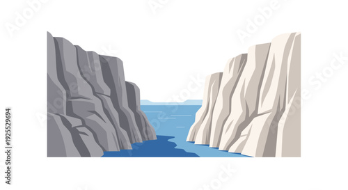 Two towering rocky cliffs in grey and white shades frame a narrow blue waterway leading toward a distant horizon under a white sky.