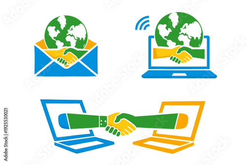 Modern vector set with handshake icons: global deal inside an envelope, a wifi laptop with globe handshake, and two computers sealing a partnership. Concept of remote business communication.