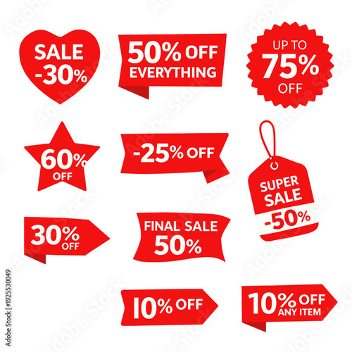 Red sale and discount labels with percent-off text, tags, ribbons, star and heart badges on black background. Promo sticker set for retail ecommerce ads.
