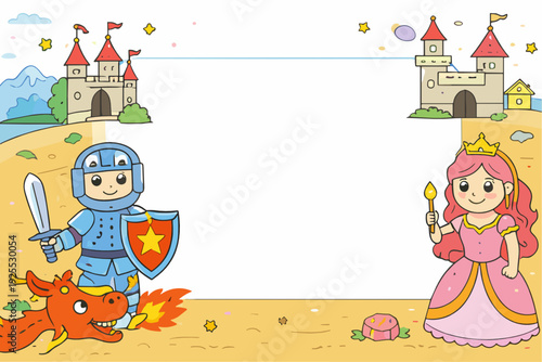 Fantasy castle frame with armored knight and sword, princess with magic wand, and dragon breathing fire beside towers. Flat fairy kingdom vector border on white, rounded frame. Blank center.