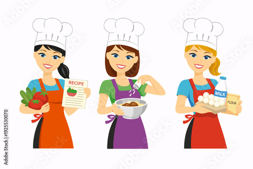 Flat vector collection of female chefs cooking with vegetables, mixing bowl, eggs, milk and flour, holding recipe sheet on white background. Great for food blogs, menus, and packaging.