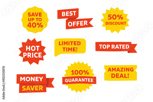 Sale tag bundle on black with save up to 40%, best offer, 50% discount, hot price, limited time, top rated, money saver, 100% guarantee and amazing deal promo labels for online store ads.