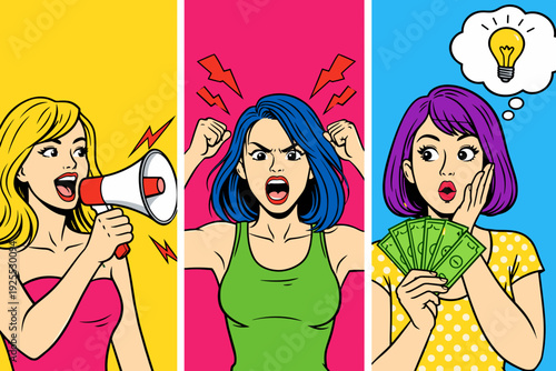 Pop art comic triptych: blonde shouting in megaphone, angry blue-haired woman with lightning, and surprised girl holding cash with idea bubble. Concept of marketing, emotions and money.
