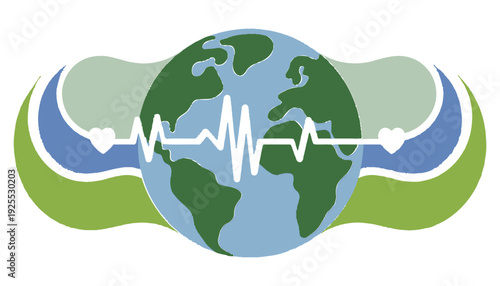 Earth globe vector illustration with heartbeat line and heart symbols