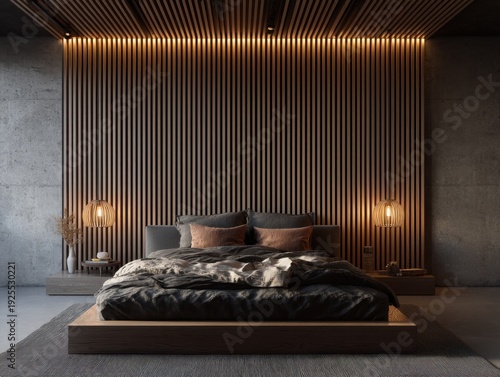 A bed with a wooden headboard and a black mattress