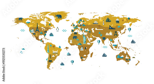 A world map with gold continents and various blue icons of landmarks and animals is displayed on a plain white background.
