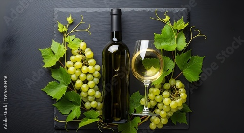 Elegant white wine bottle and glass with fresh grapes on slate board