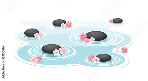 Six smooth black stones and pink cherry blossom flowers float on a light blue water surface with white ripples on a white background.