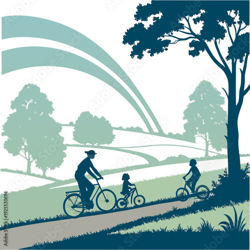 Family enjoying a bike ride in the park on a sunny day