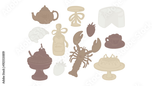 A lobster and various desserts illustration in brown and beige colors