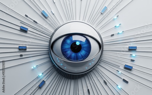 Futuristic Digital Eye: Stylized Human Eyeball with Bright Blue Iris and Glowing Data Connections, Concept of AI, Vision, and Surveillance