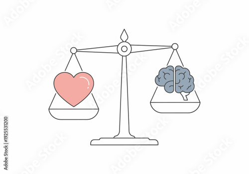 Balance scales representing the relationship between emotion and logic showing a heart on one side and a brain on the other for an abstract concept