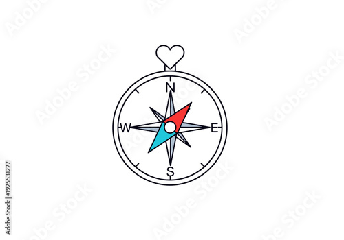 Close up of a vintage style compass with a decorative heart element at the top on a white background