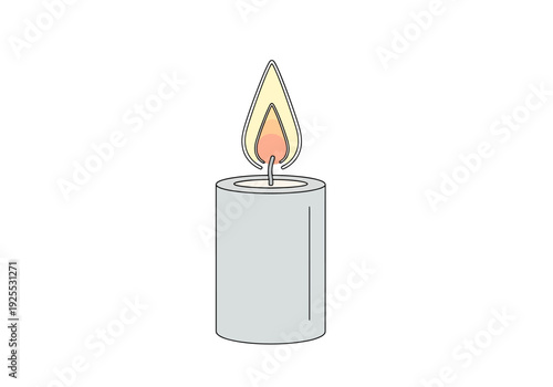 Lit cylinder candle with flame casting a warm glow against a clean white background for atmospheric lighting or decorative design projects