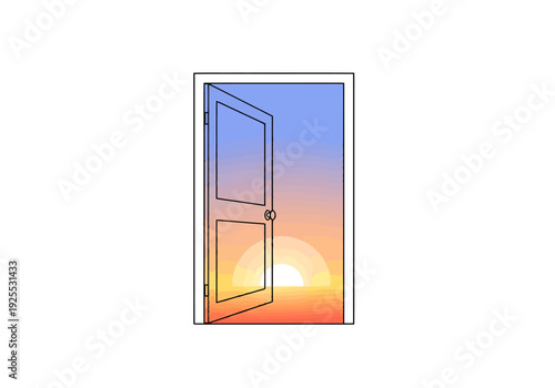 Open doorway reveals a vibrant sunrise over a clear horizon symbolizing new beginnings hope and opportunity for a brighter future ahead
