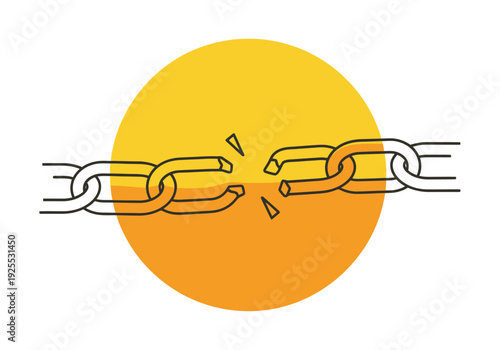 Broken metallic chain link symbolizing disruption disconnection and freedom against a vibrant circular backdrop representing new beginnings and