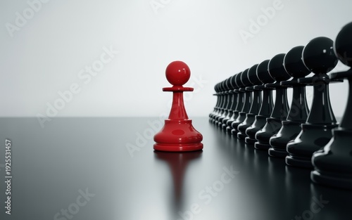 Red Chess Pawn Standing Out from Black Pawns Illustrating Individuality, Leadership, and Strategic Differentiation in Business.