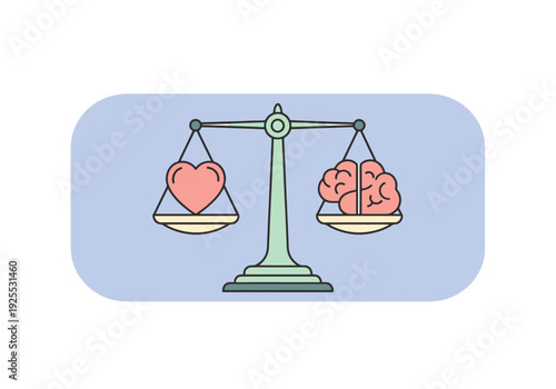 Conceptual artwork representing the balance between emotion and logic with a heart and brain on scales