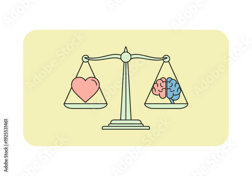 Conceptual balance scale weighing human heart against human brain representing emotional and rational thought decisions and logic versus feeling