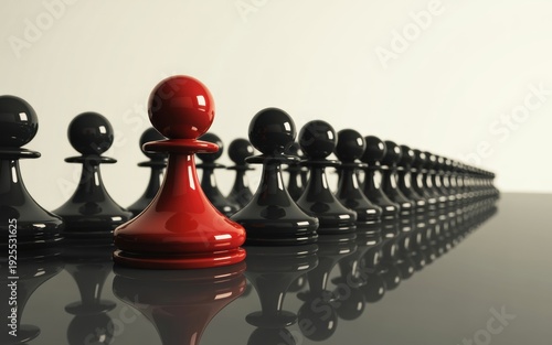 Red Chess Pawn Leading a Line of Black Pawns Symbolizing Strategic Leadership, Team Direction, and Forward Progress in Business.