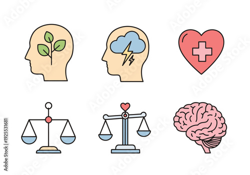 Conceptual Icons Representing Mental Health Growth Stormy Mind Medical Wellness Justice Balance and Brain Function Illustrating Different