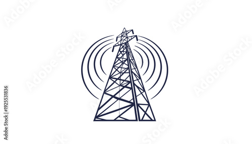 A communication tower icon with signal waves on a blue background