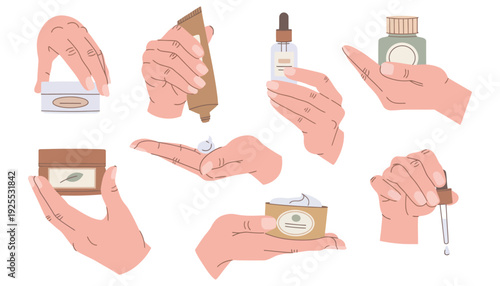 Hand holding various cosmetic products in a vector illustration style