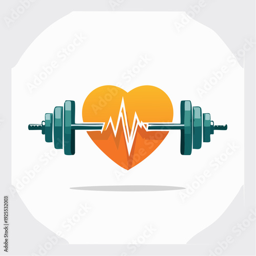 Symbol of a healthy heart and strength training with a barbell and cardiogram