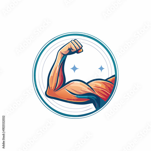 Illustration of a strong flexing arm inside a circular badge, representing fitness and power
