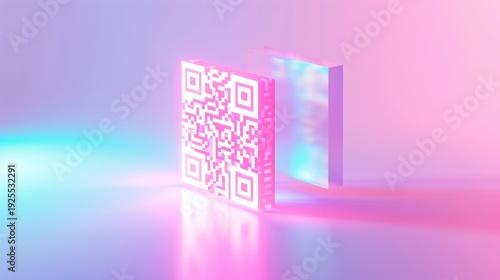 Futuristic glowing QR code in neon holographic style