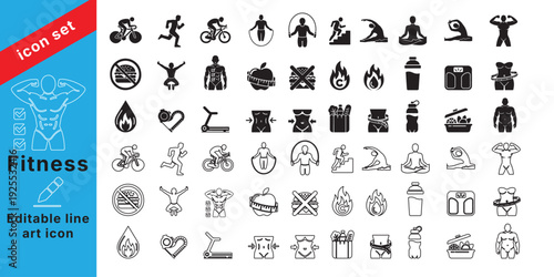 Fitness and Gym Icon Set Editable Line and Solid Vector Collection for Workout Diet Yoga and Healthy Lifestyle