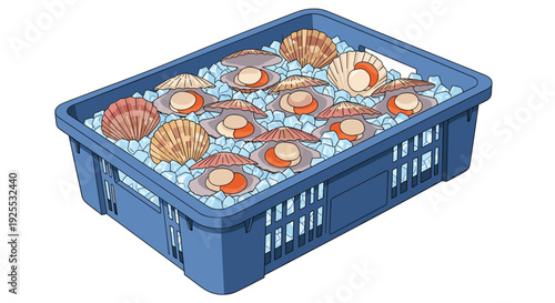 An angled perspective view of a blue plastic crate filled with ice cubes and fifteen open scallop shells showing orange meat on a white background.
