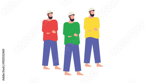 Three men in colorful shirts and blue pants standing together illustration